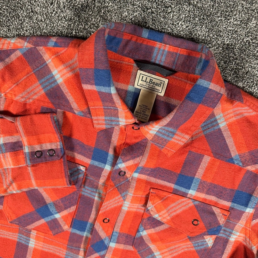 LL Bean Flannel Shirt Mens L Orange Blue Katahdin Plaid Wool Blend Western Snap